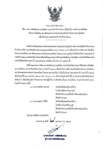 ประกาศผลการคัดเลือกเยาวชนดีเด่น ประจำจังหวัดอ่างทอง